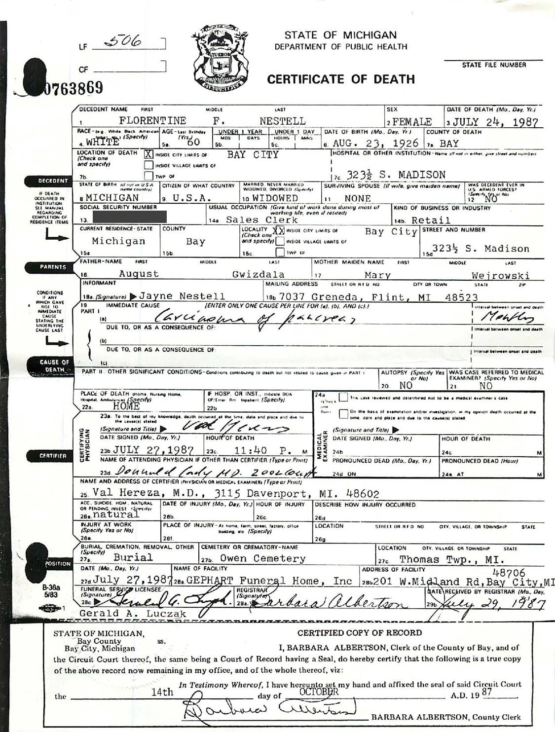 Death Certificate (State of Michigan) | Florentine (Gwizdala) Nestell Death Certificate (State of Michigan) | Florentine (Gwizdala) Nestell